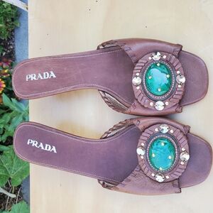 Prada Brown Leather Slide Mules with Green Jewel Accent